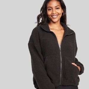 Slouchy Sherpa Zip Jacket Women’s Cozy Grey/Black Jacket Front Zip Sweater